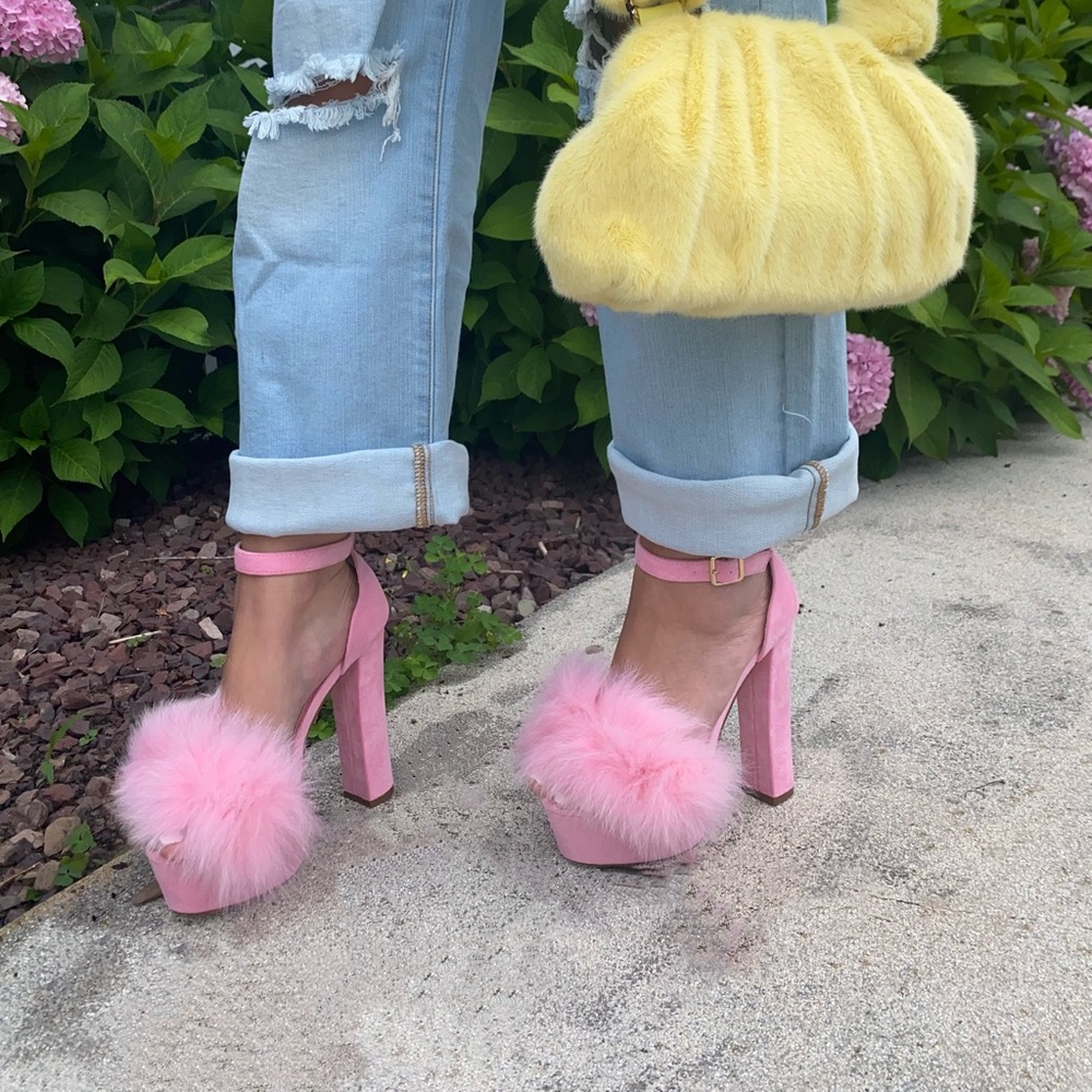 platform pink fuzzy heels